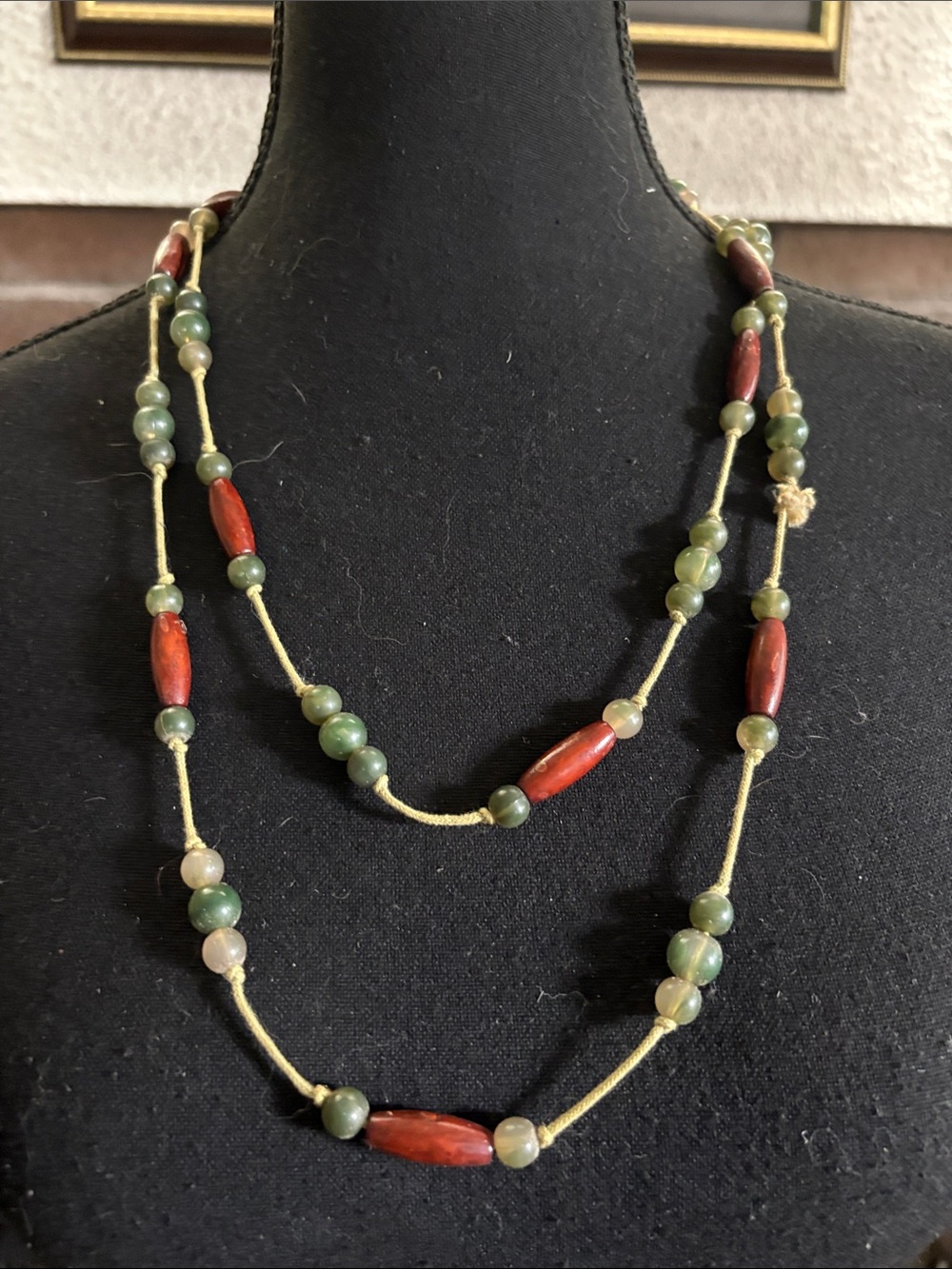 Double Strand Green Bead Necklace with Red Accents